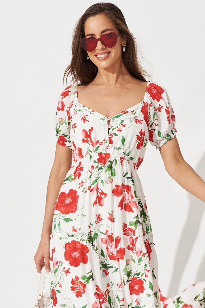Beecroft Midi Dress In White With Red Floral - front