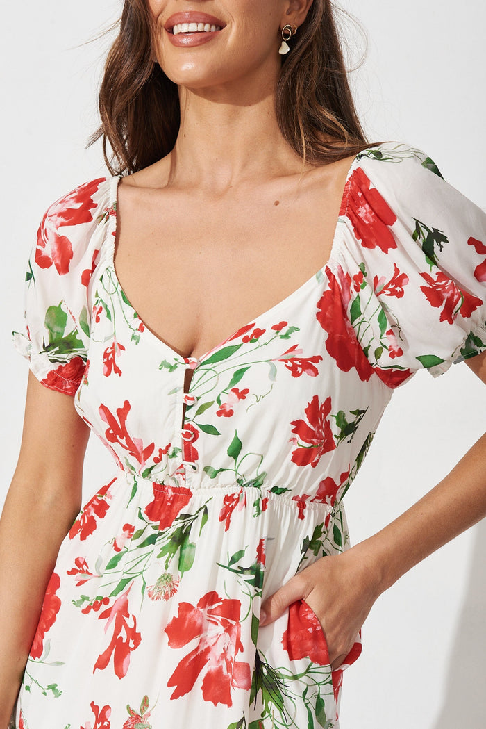 Beecroft Midi Dress In White With Red Floral - detail