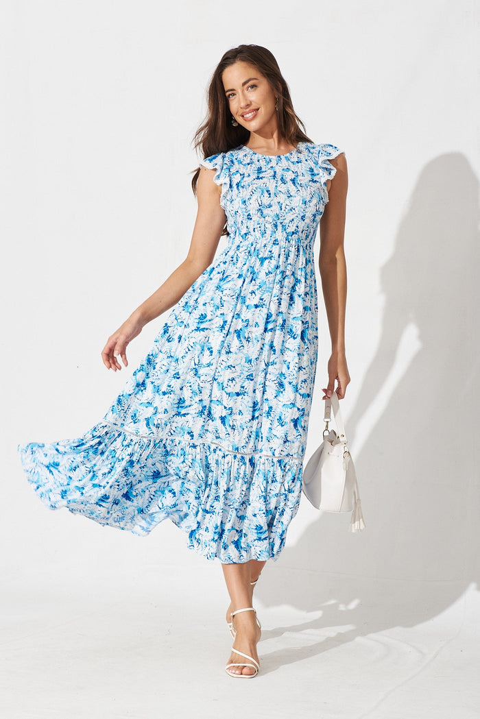 Roxton Midi Dress In White With Blue Floral - full length