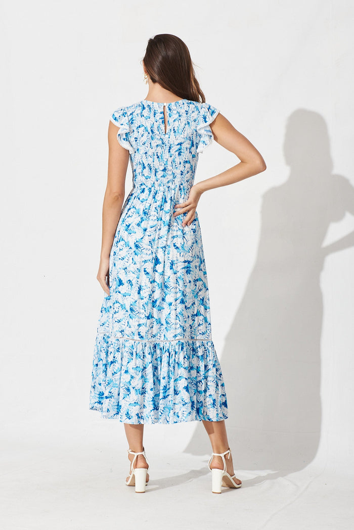 Roxton Midi Dress In White With Blue Floral - back