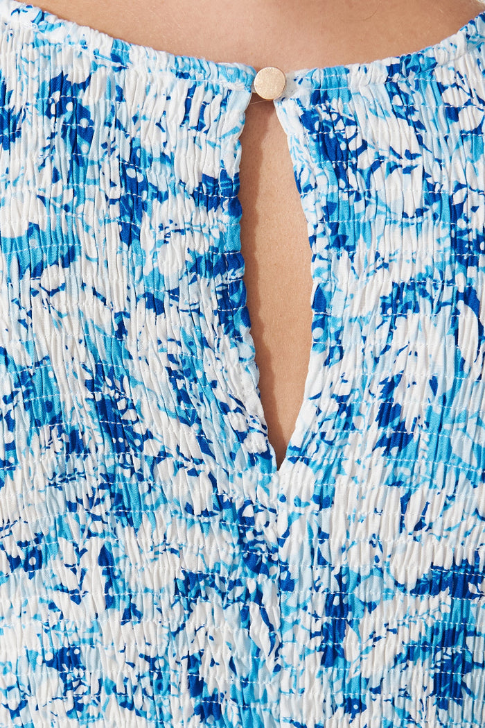 Roxton Midi Dress In White With Blue Floral - detail