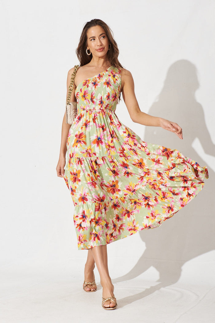 Hannary Midi Dress In Green With Yellow Floral - full length