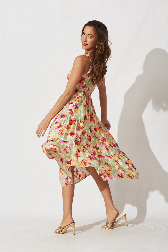 Hannary Midi Dress In Green With Yellow Floral - side