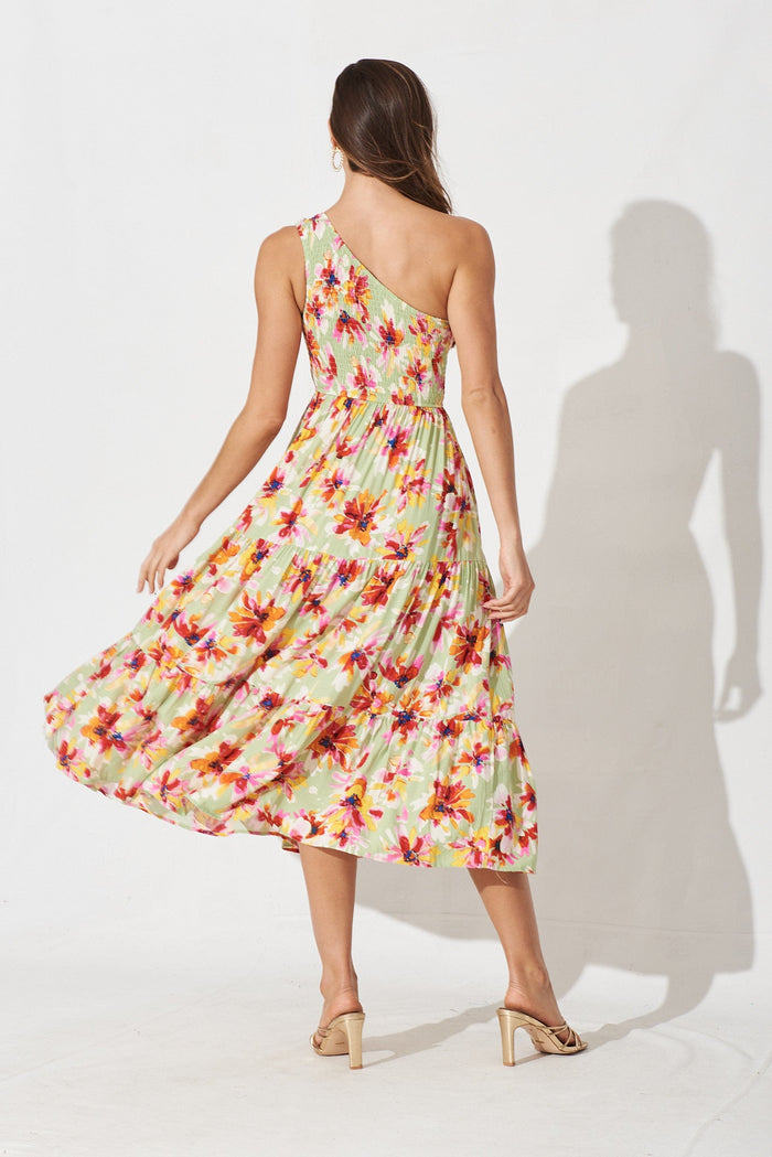 Hannary Midi Dress In Green With Yellow Floral - back