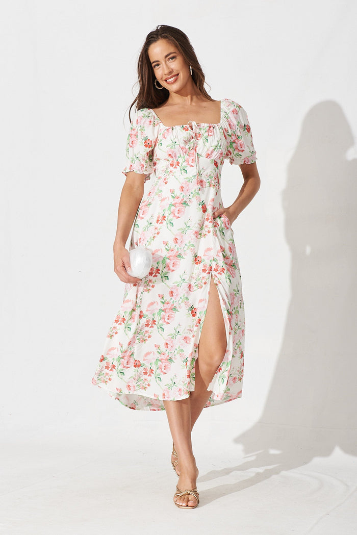Parma Midi Dress In White With Pink Floral - full length