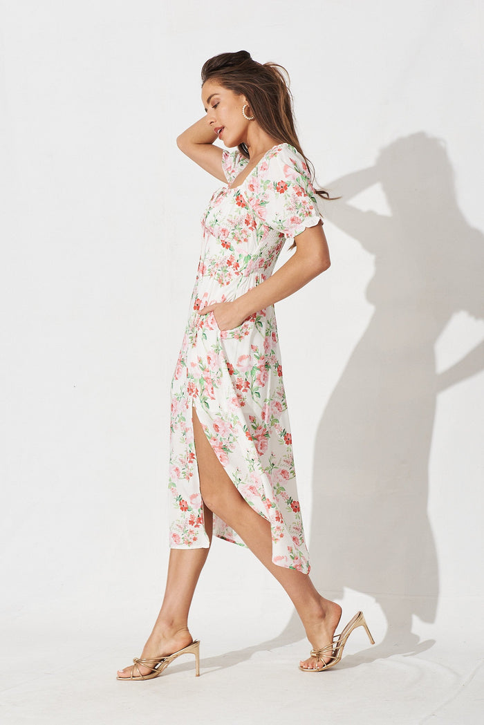 Parma Midi Dress In White With Pink Floral - side