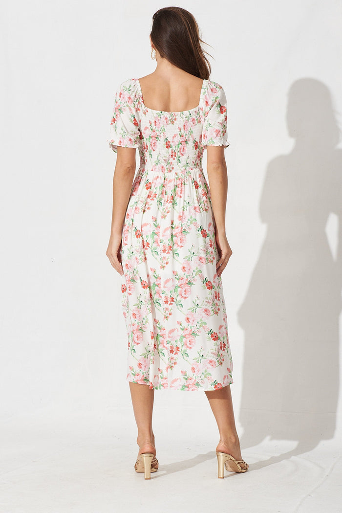Parma Midi Dress In White With Pink Floral - back