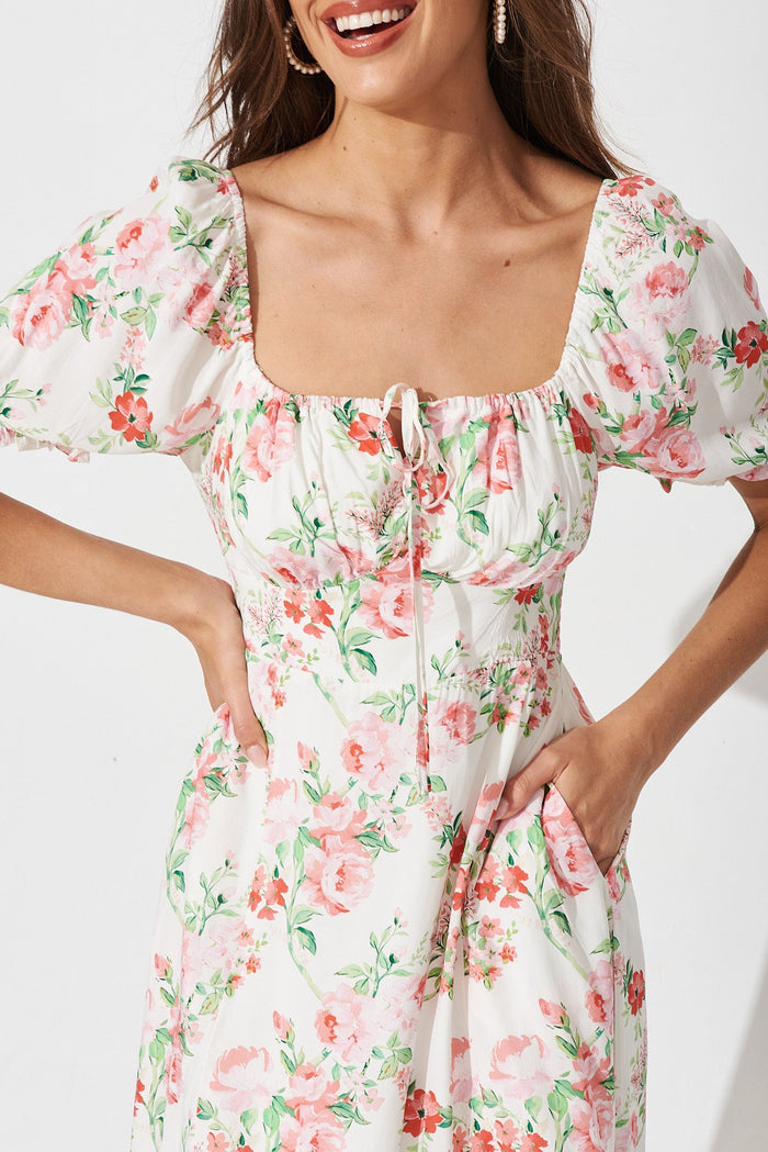 Parma Midi Dress In White With Pink Floral - detail