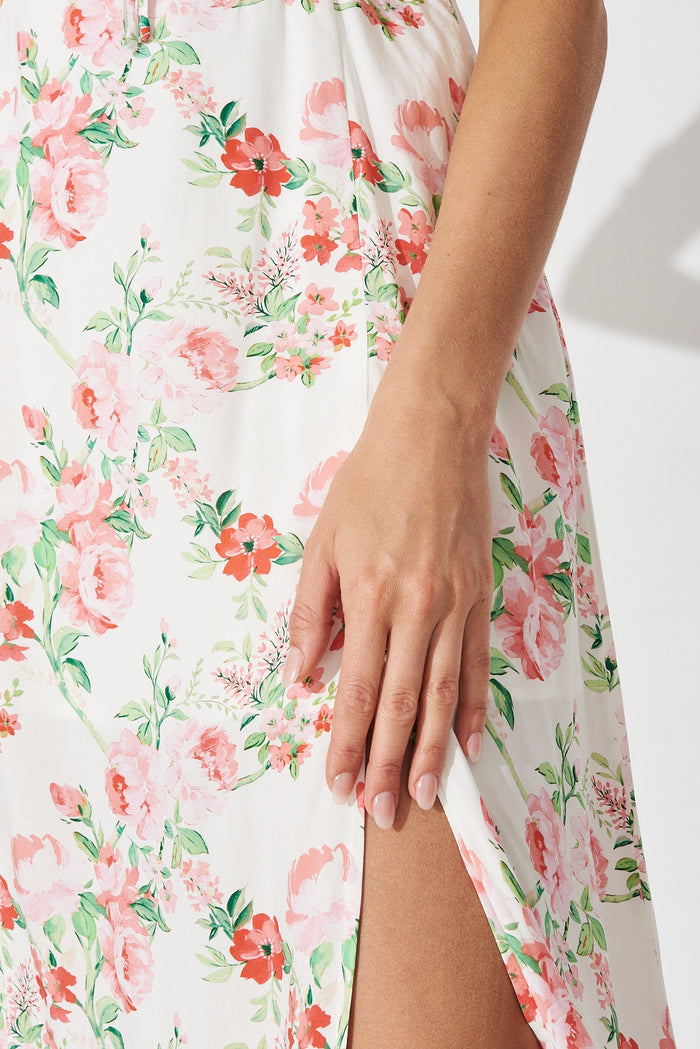 Parma Midi Dress In White With Pink Floral - detail