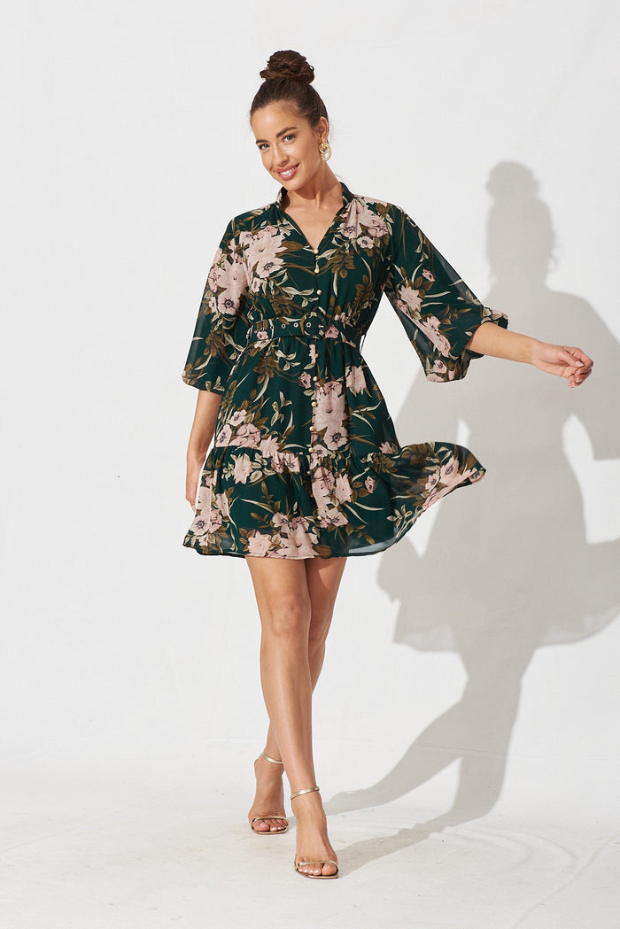 Allaway Dress In Emerald With Blush Floral Chiffon - full length