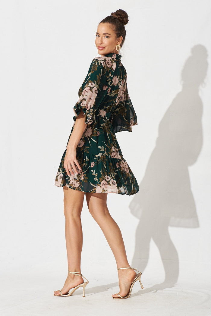 Allaway Dress In Emerald With Blush Floral Chiffon - side