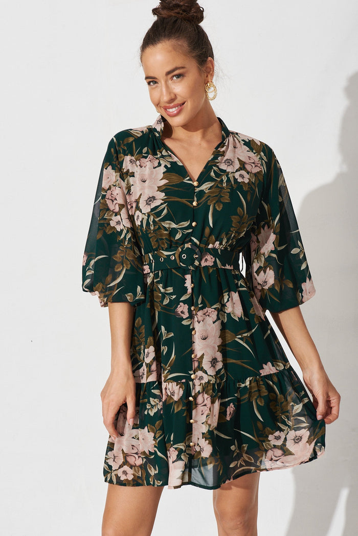 Allaway Dress In Emerald With Blush Floral Chiffon - front