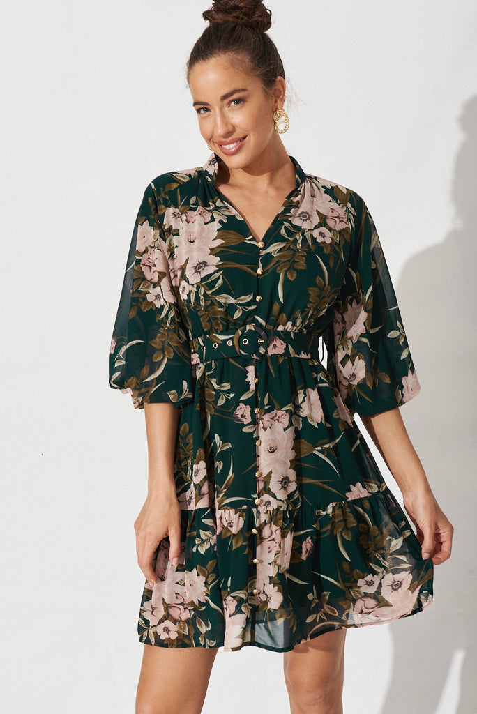 Allaway Dress In Emerald With Blush Floral Chiffon - front
