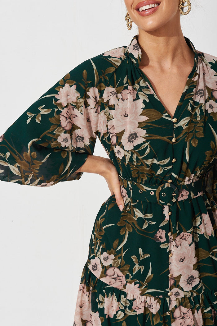 Allaway Dress In Emerald With Blush Floral Chiffon - detail