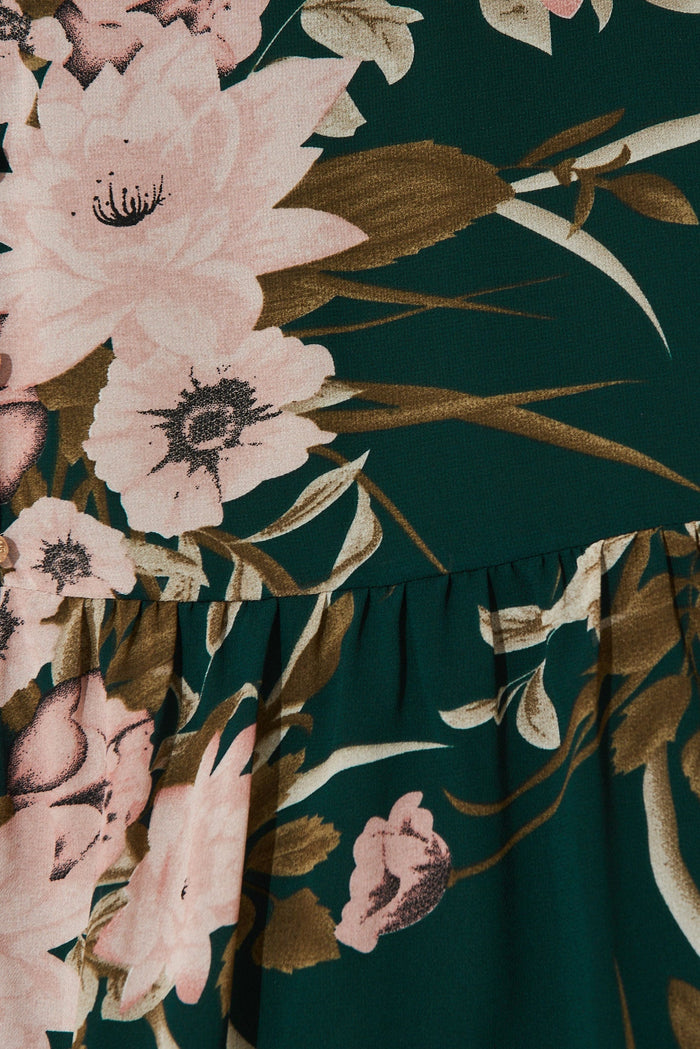 Allaway Dress In Emerald With Blush Floral Chiffon - fabric