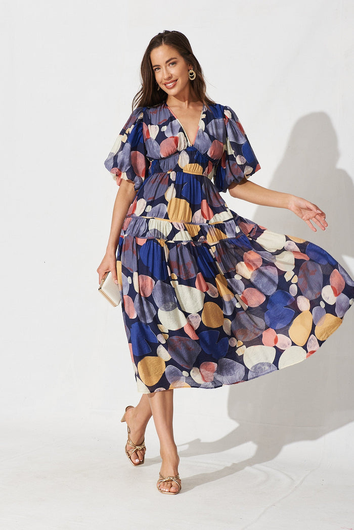 Amalie Midi Dress In Navy With Multi Print - full length