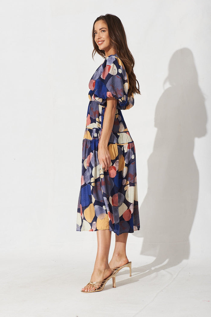 Amalie Midi Dress In Navy With Multi Print - side