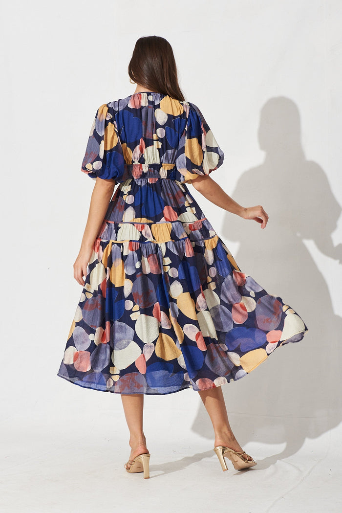 Amalie Midi Dress In Navy With Multi Print - back