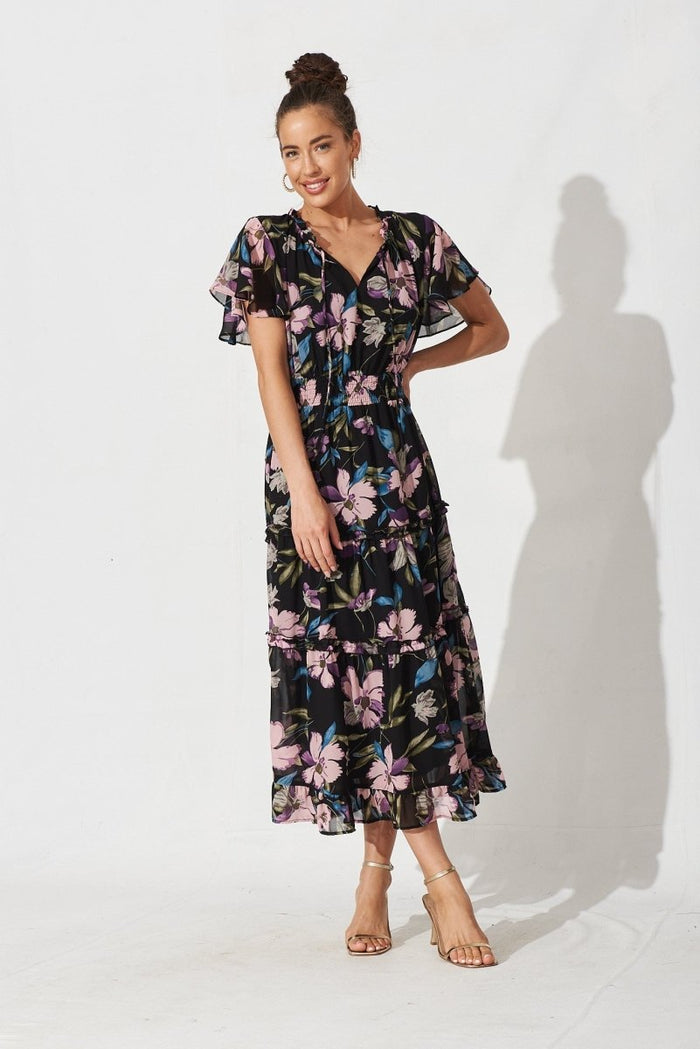 Cannie Midi Dress In Black With Pink And Purple Floral Chiffon - St Frock (Dev)
