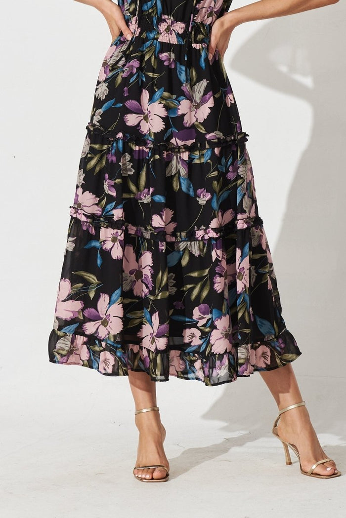 Cannie Midi Dress In Black With Pink And Purple Floral Chiffon - St Frock (Dev)