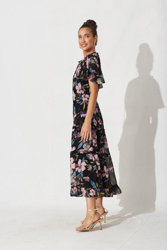 Cannie Midi Dress In Black With Pink And Purple Floral Chiffon - St Frock (Dev)