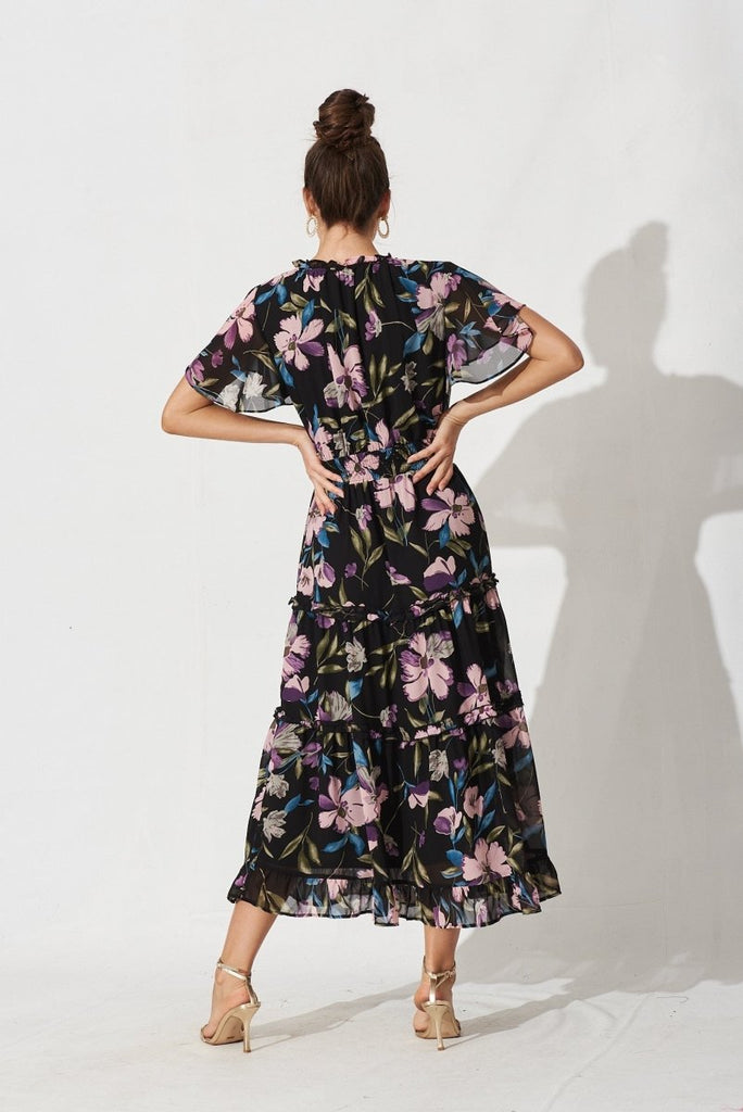 Cannie Midi Dress In Black With Pink And Purple Floral Chiffon - St Frock (Dev)