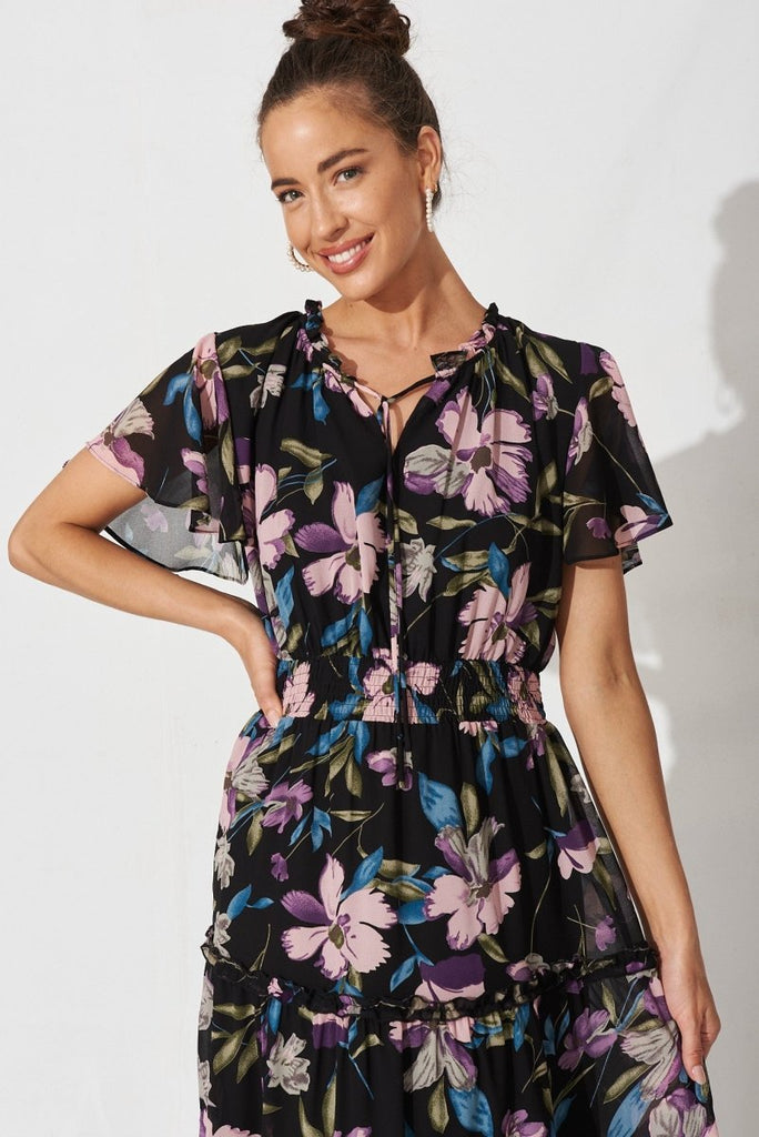 Cannie Midi Dress In Black With Pink And Purple Floral Chiffon - St Frock (Dev)