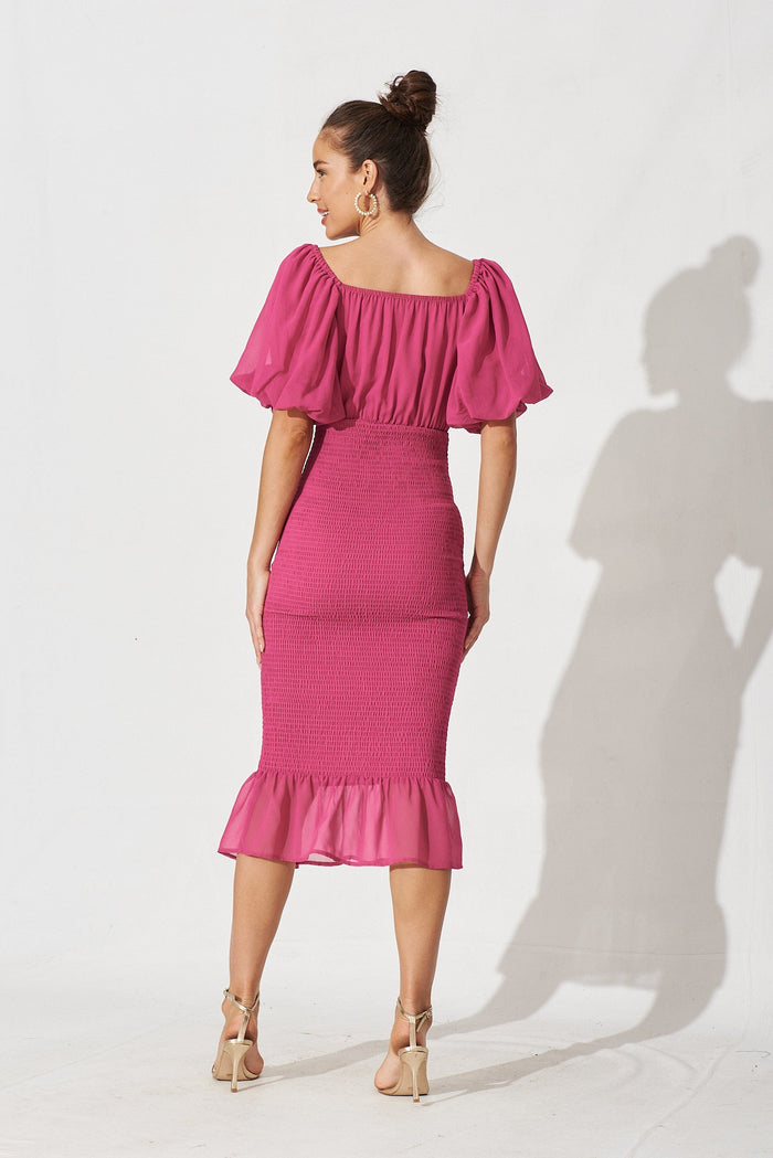 Shoreline Midi Dress In Hot Pink Chiffon - back