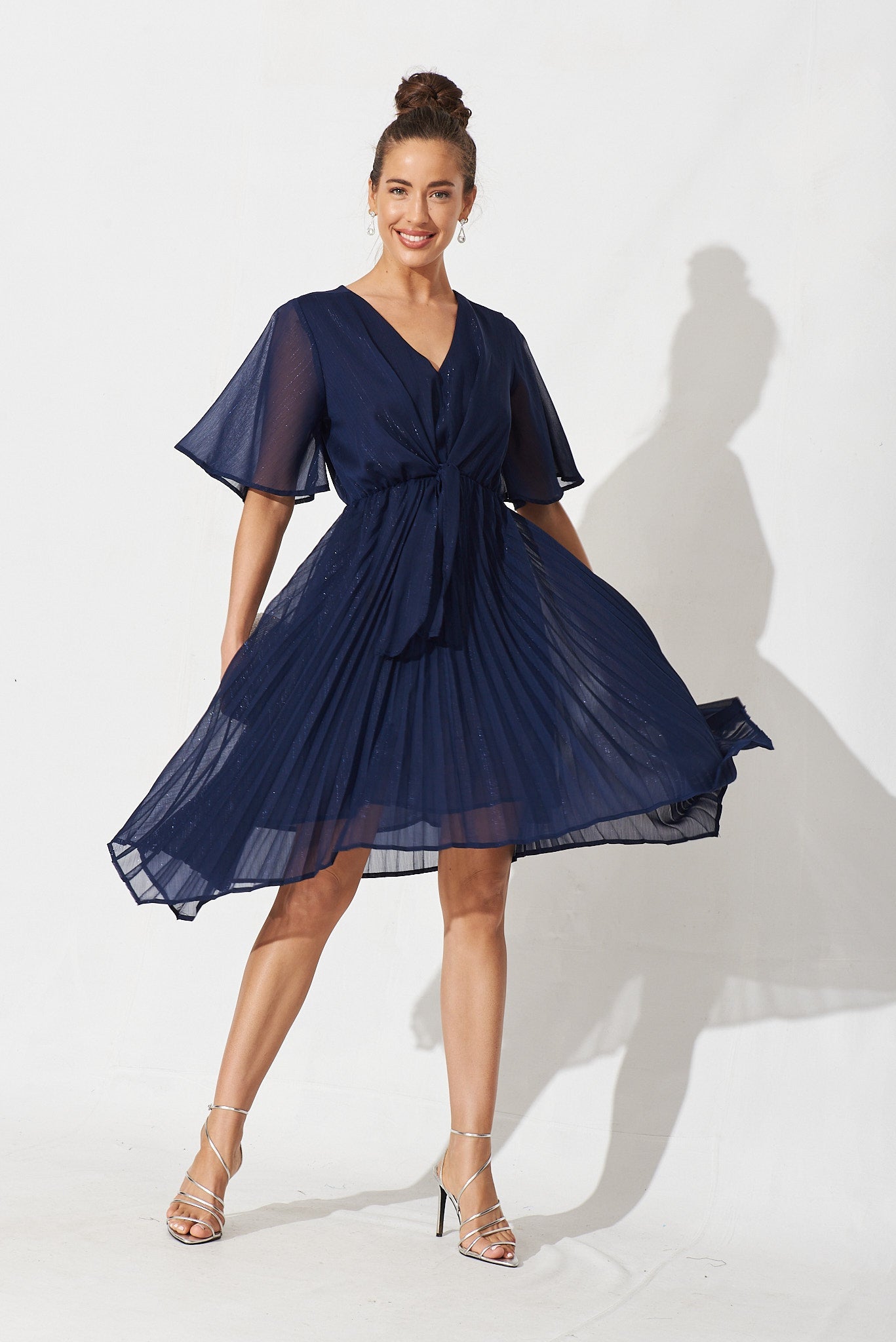 Blakely Dress In Navy Lurex Chiffon - full length