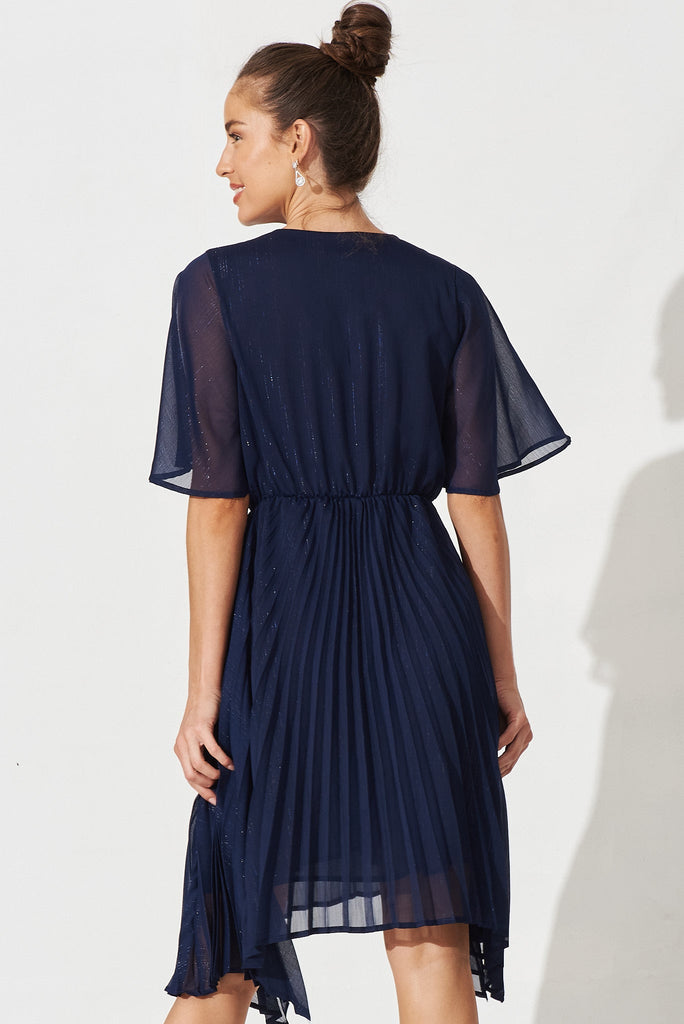 Blakely Dress In Navy Lurex Chiffon - back close up