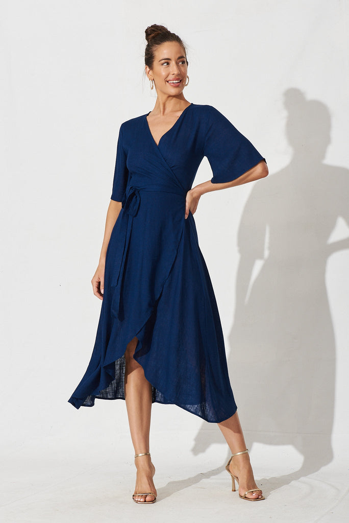 Bellerose Midi Wrap Dress In Navy Linen Blend - St Frock (Dev)