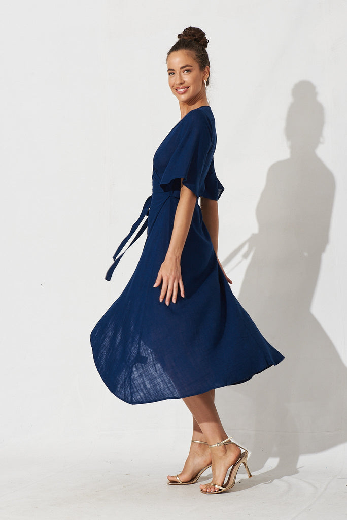 Bellerose Midi Wrap Dress In Navy Linen Blend - St Frock (Dev)