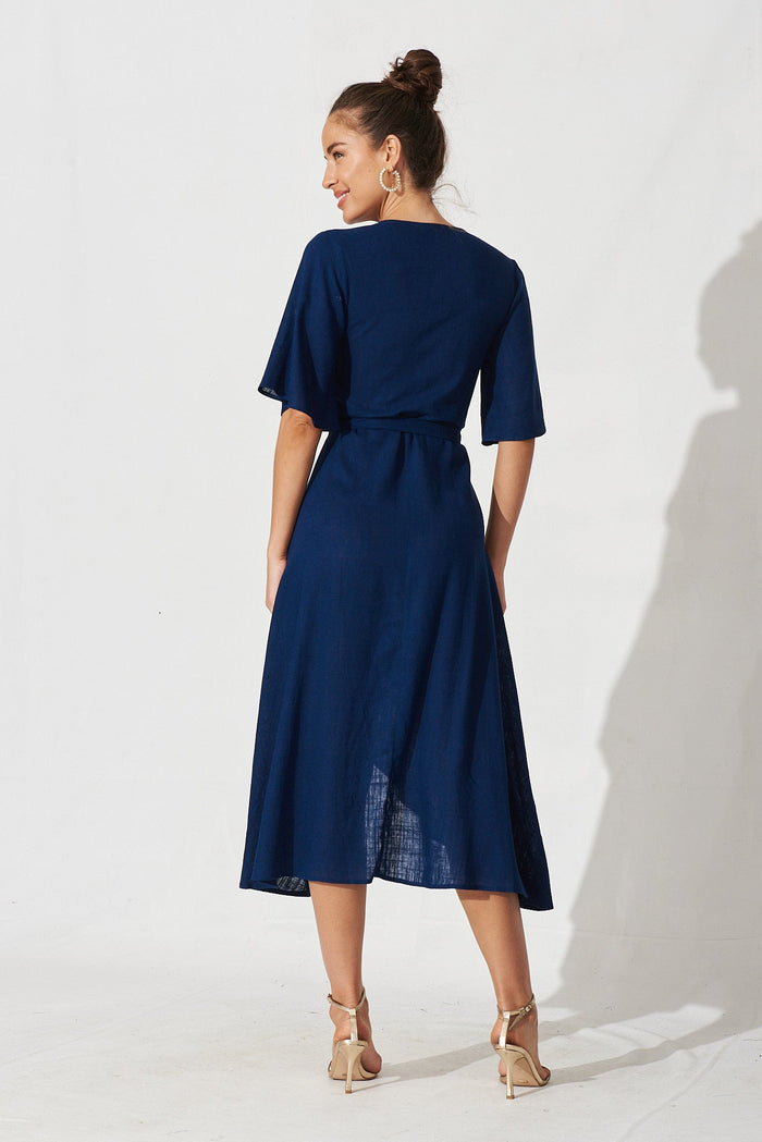 Bellerose Midi Wrap Dress In Navy Linen Blend - St Frock (Dev)
