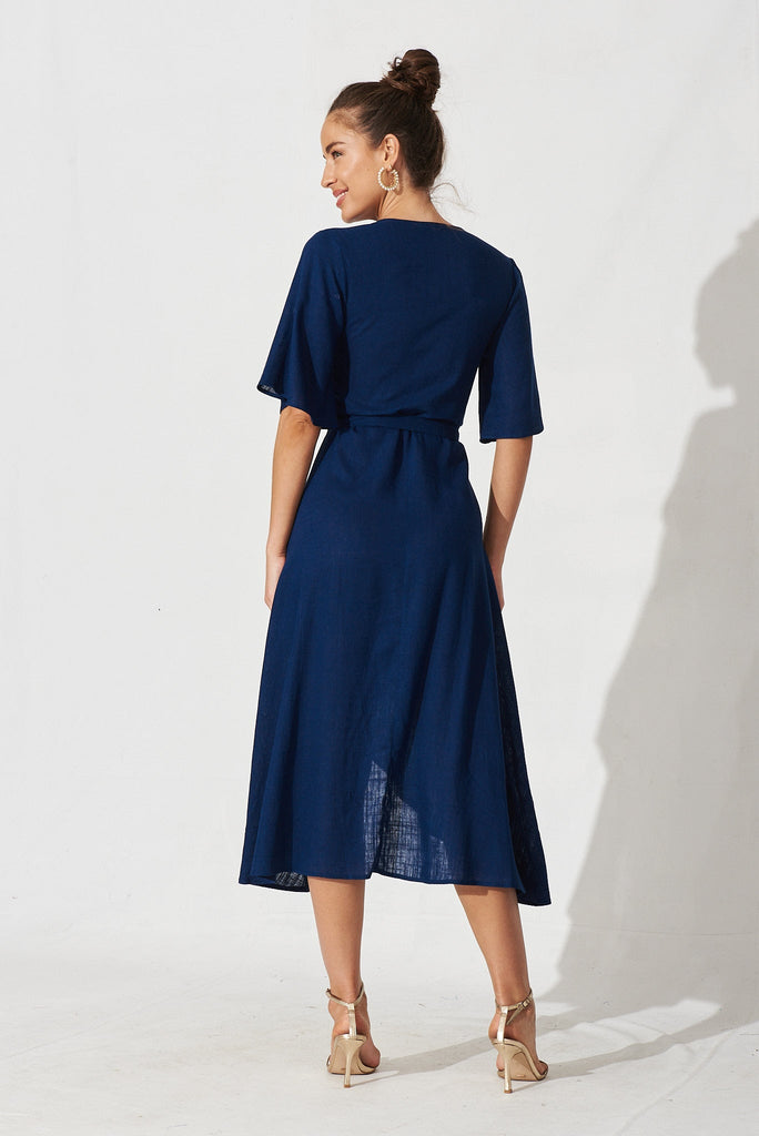 Bellerose Midi Wrap Dress In Navy Linen Blend - St Frock (Dev)