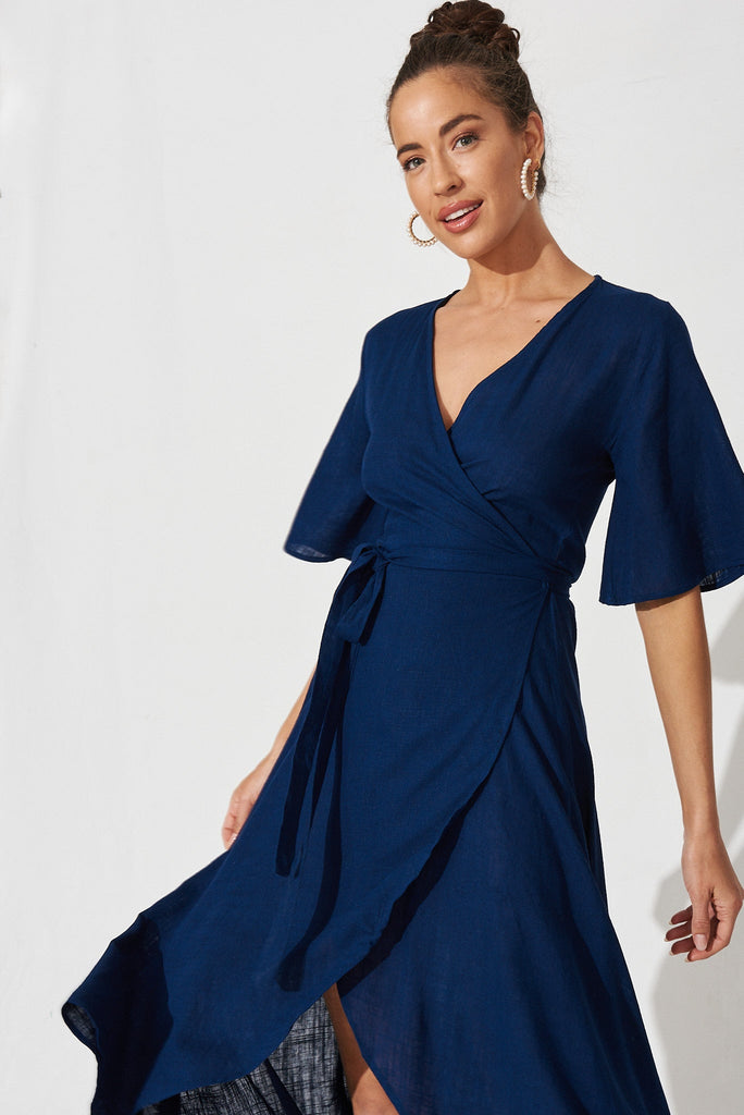 Bellerose Midi Wrap Dress In Navy Linen Blend - St Frock (Dev)