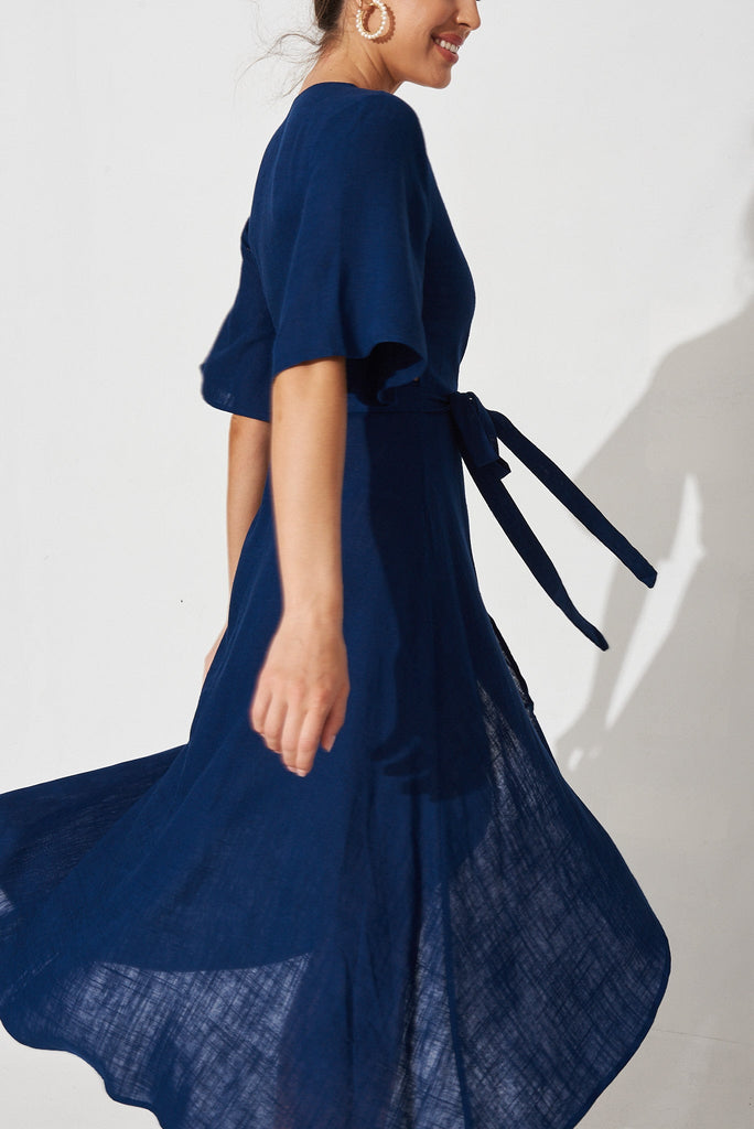 Bellerose Midi Wrap Dress In Navy Linen Blend - St Frock (Dev)