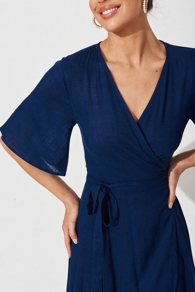 Bellerose Midi Wrap Dress In Navy Linen Blend - St Frock (Dev)