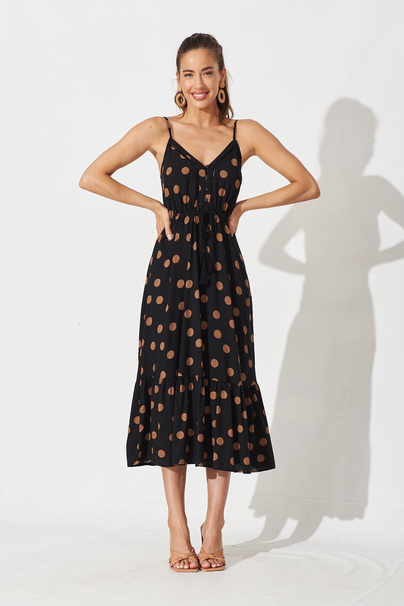 Onyx Midi Dress In Black With Brown Spot - full length