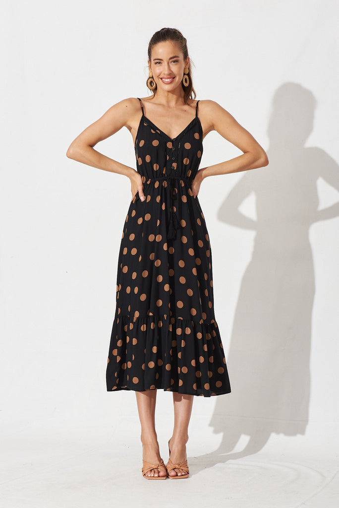 Onyx Midi Dress In Black With Brown Spot - full length