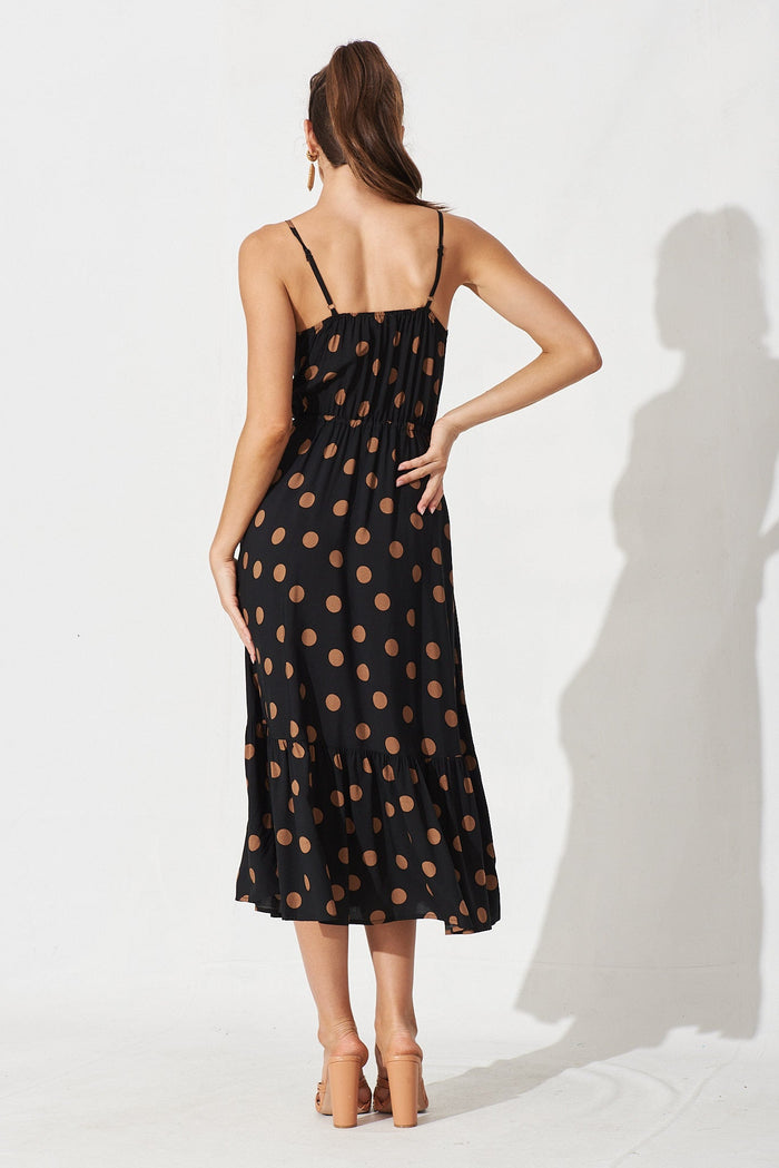 Onyx Midi Dress In Black With Brown Spot - back