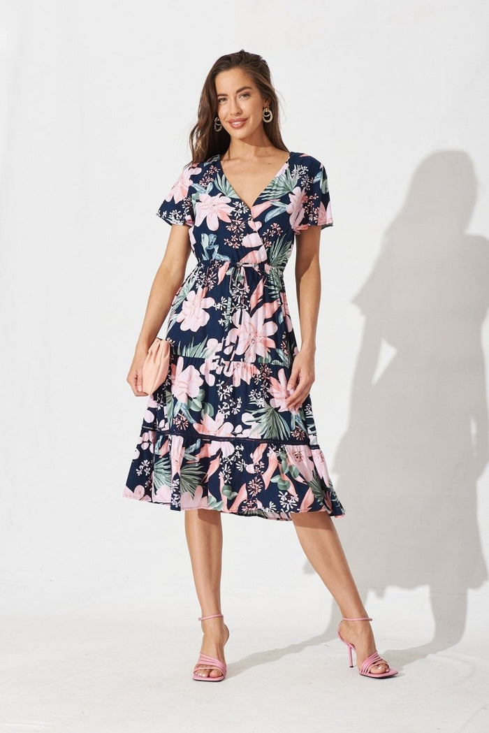 Caddington Midi Dress In Navy With Pink Floral - St Frock (Dev)
