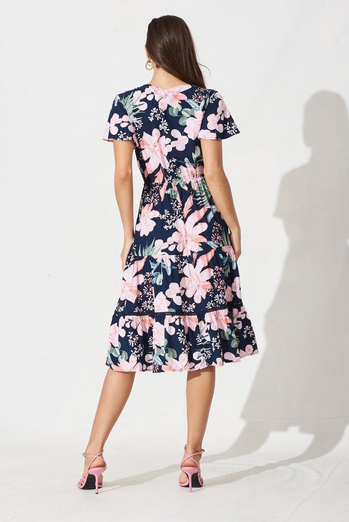 Caddington Midi Dress In Navy With Pink Floral - St Frock (Dev)