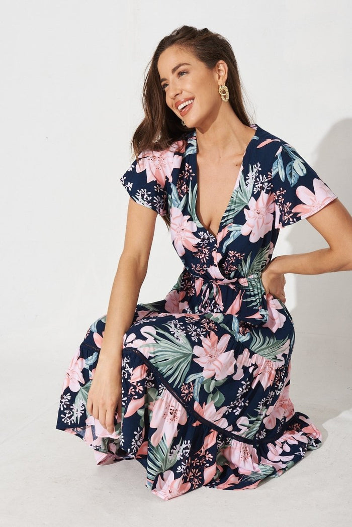Caddington Midi Dress In Navy With Pink Floral - St Frock (Dev)