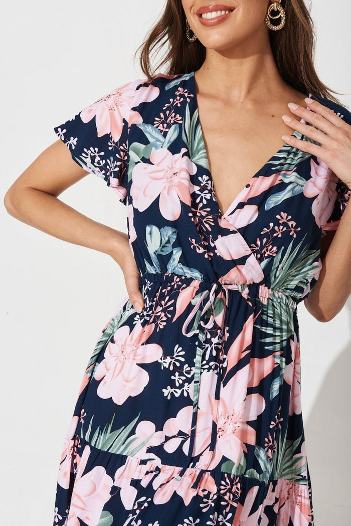 Caddington Midi Dress In Navy With Pink Floral - St Frock (Dev)