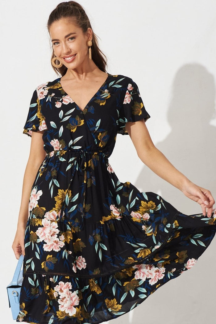 Caddington Midi Dress In Black With Green Floral - St Frock (Dev)