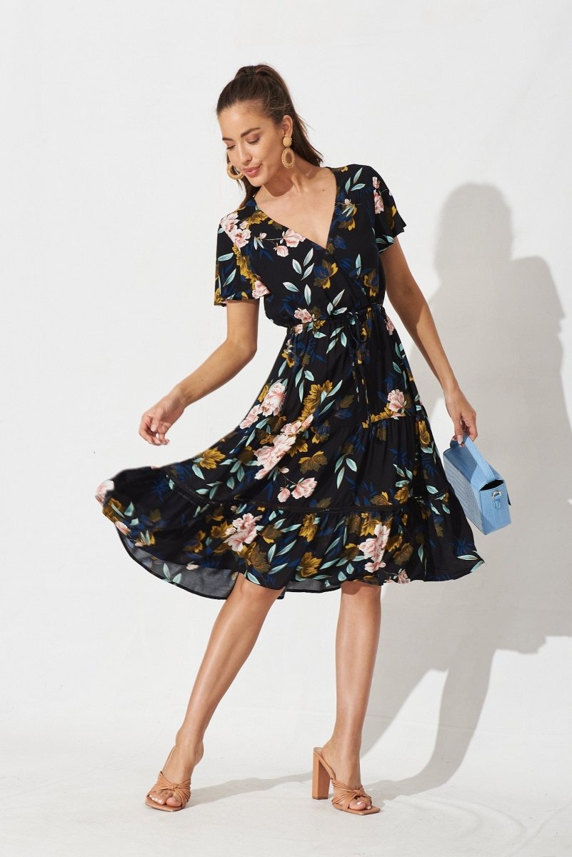 Caddington Midi Dress In Black With Green Floral - St Frock (Dev)