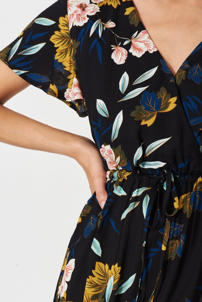 Caddington Midi Dress In Black With Green Floral - St Frock (Dev)