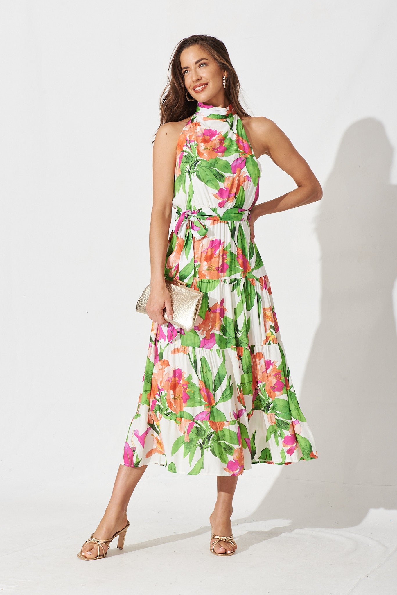 Akina Midi Dress In White With Green And Pink Floral - full length