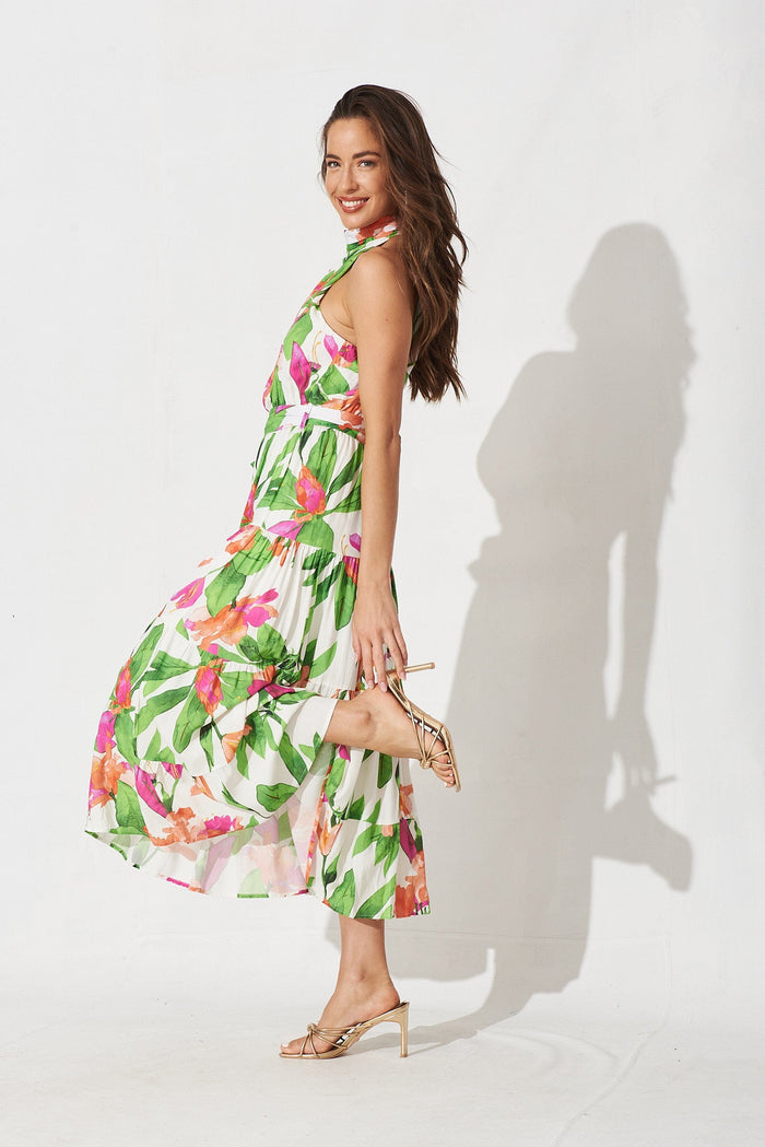 Akina Midi Dress In White With Green And Pink Floral - side