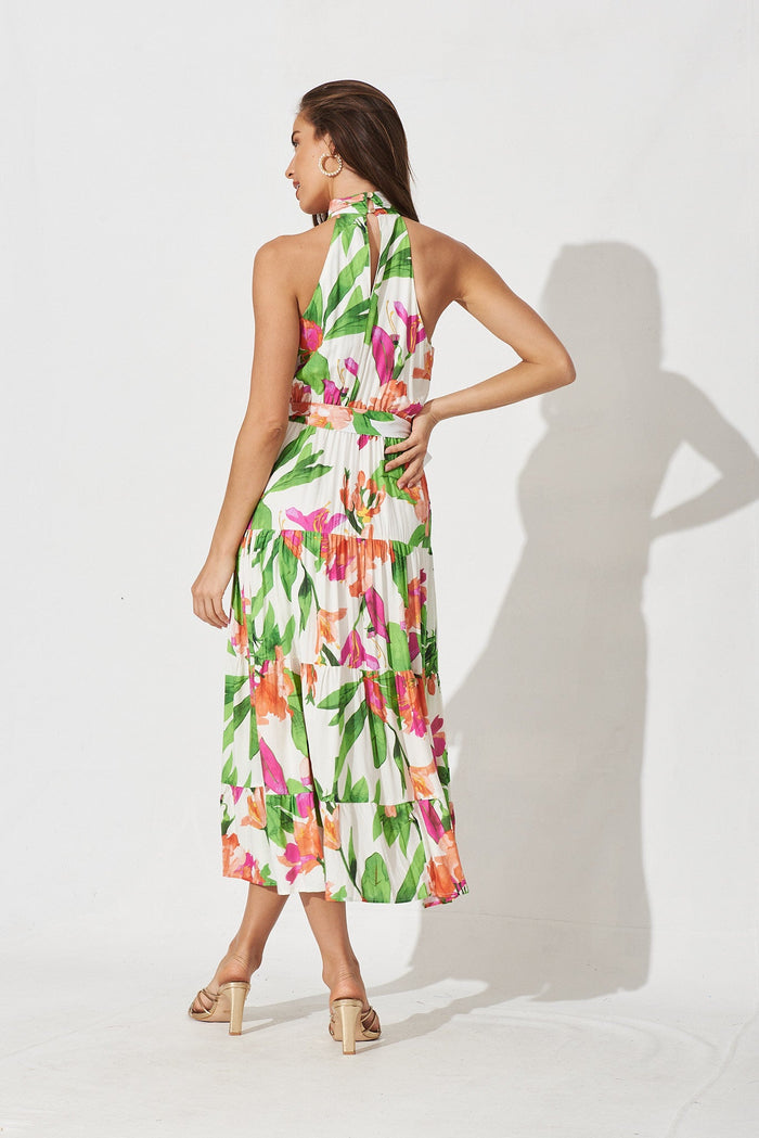 Akina Midi Dress In White With Green And Pink Floral - back